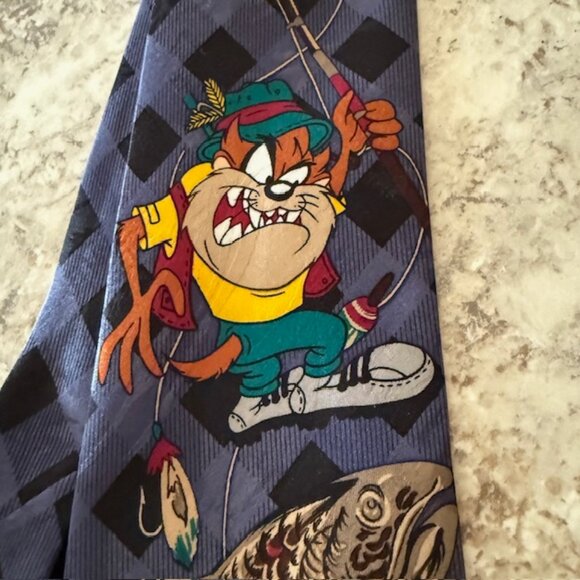 Vintage 1994 Looney Tunes Taz Mania Character Tie Fishing Taz  56 Inches Navy - Picture 3 of 6